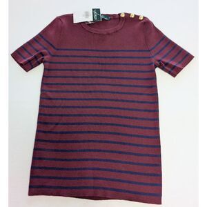NWT Lauren Ralph Lauren Red Multicolor Gold Button-Trim Ribbed Striped Sweater